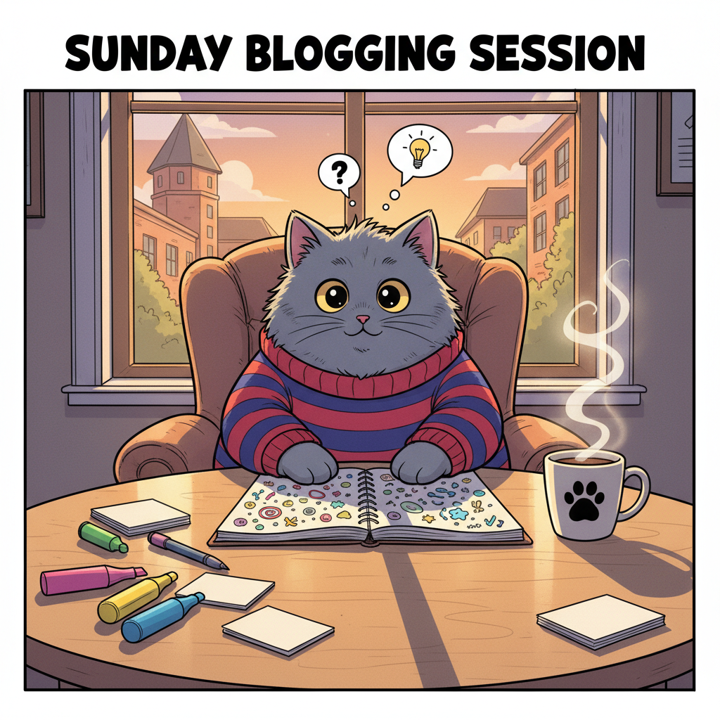 A cozy comicbook-style Sunday writing scene where a fluffy grey cartoon cat in a striped sweater leans over an open notebook filled with doodled symbols instead of text. The cat sits at a round wooden table, surrounded by highlighters, index cards, and a steaming mug with a simple paw-print icon. Outside a large window, campus-like brick buildings are hinted at in soft, simplified lines. Golden late-afternoon sunlight pours in, creating long, gentle shadows and warm reflections on the tabletop. The atmosphere is calm, reflective, and slightly playful, capturing the weekly rhythm of academic blogging. Shot from a slightly elevated angle, the composition uses asymmetrical balance, keeping the cat as the clear focal point while colorful stationery softly blurs at the edges in a vibrant, clean comicbook aesthetic.