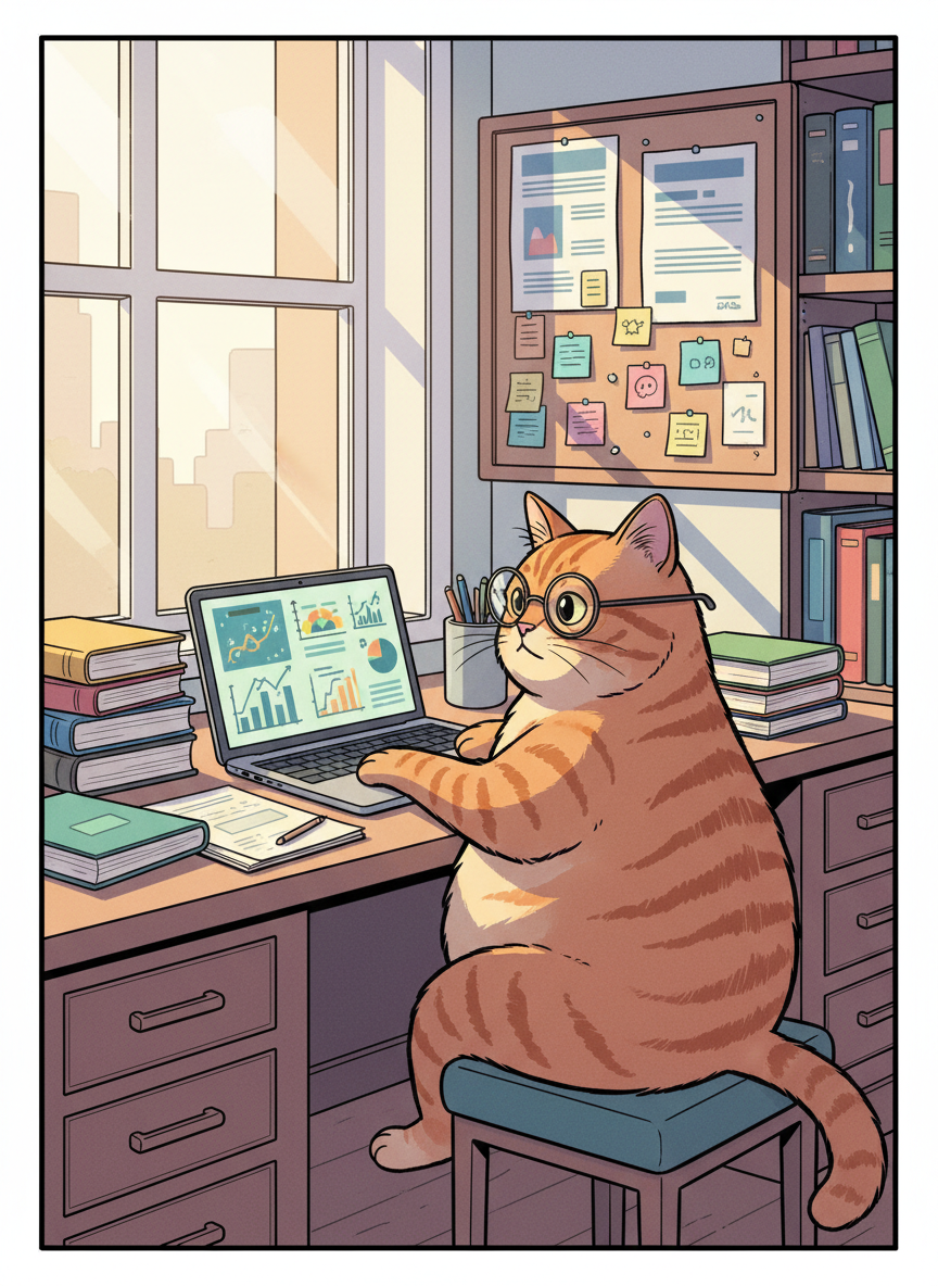 A comicbook-style academic study nook featuring a plump cartoon tabby cat in oversized round glasses, perched at a tidy wooden desk piled with colorful textbooks and neatly stacked notebooks. The cat taps at a sleek laptop displaying abstract graphs and diagrams without readable text. Soft afternoon light from a large window casts gentle shadows across pinned-up blank research posters and sticky notes filled with playful symbols, not words. The mood is focused yet whimsical, like Sunday-afternoon homework with a secret side of fun. Framed with a rule-of-thirds composition at eye level, the cat is in crisp focus while bookshelves of bright, simplified shapes fade into a subtle, pastel bokeh. Colors are vibrant but academic: deep blues, warm oranges, and muted greens with clean, bold comic outlines.